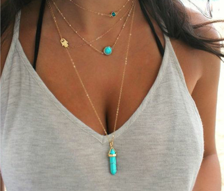 Turquoise wand and hamsa stone necklace