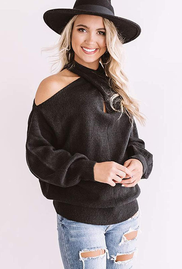 Black cold shoulder knit sweater